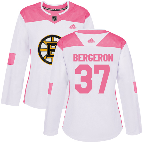 Adidas Bruins #37 Patrice Bergeron White/Pink Authentic Fashion Women's Stitched NHL Jersey - Click Image to Close